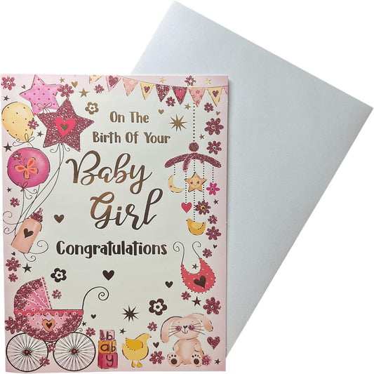 New Baby Girl Congratulations Card  –  Traditional Pink Baby Greeting Card  -  19.5 cm  x  13.5 cm