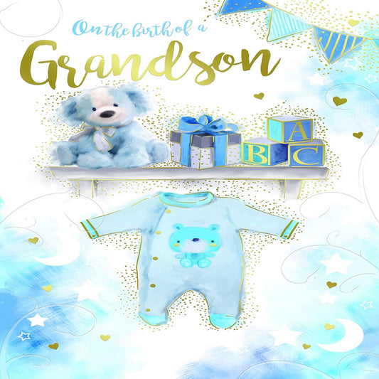 New Grandson Card with Bears & Blocks Design | Baby Boy Card   -   15.2 cm  x  22.8 cm