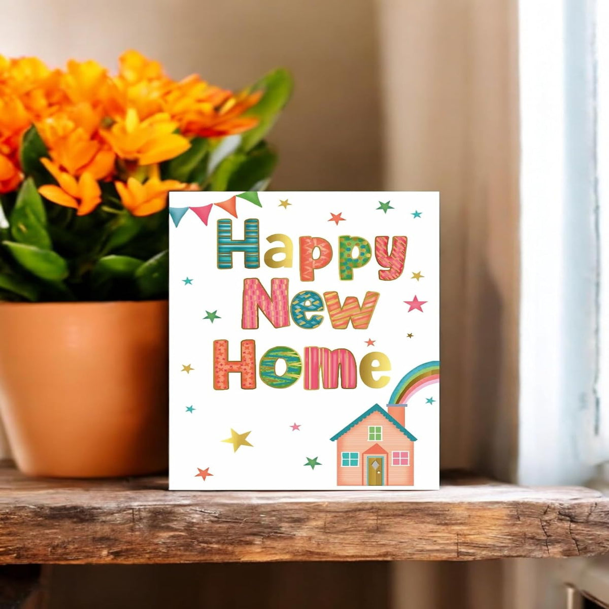 New Home Card with Rainbow House & Gold Foil    –    7.75   x   5.25 inches