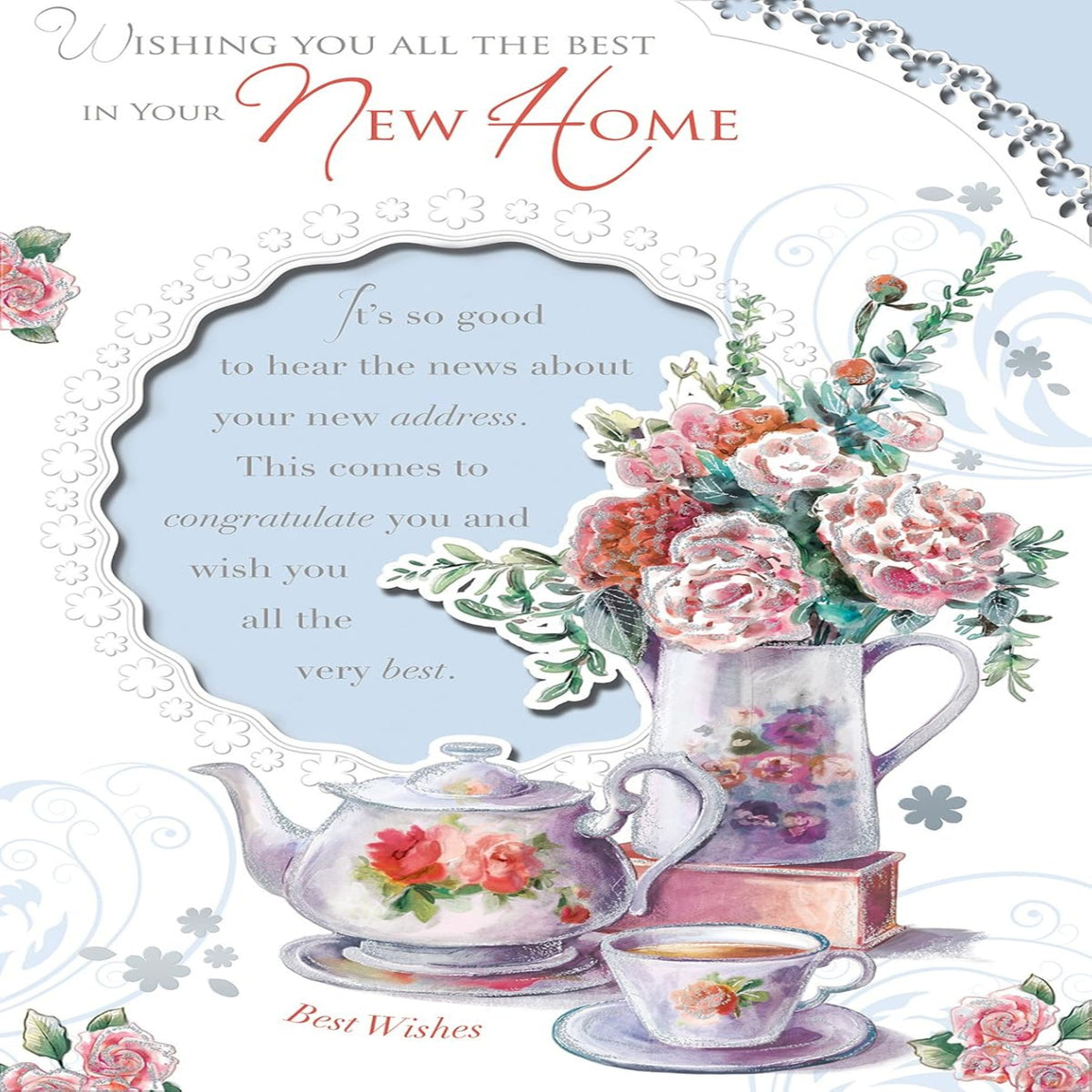 New Home Card | Pink Roses Floral Teapot Housewarming Greeting Card    -    9  x  6 inches