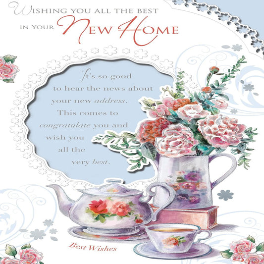 New Home Card | Pink Roses Floral Teapot Housewarming Greeting Card    -    9  x  6 inches