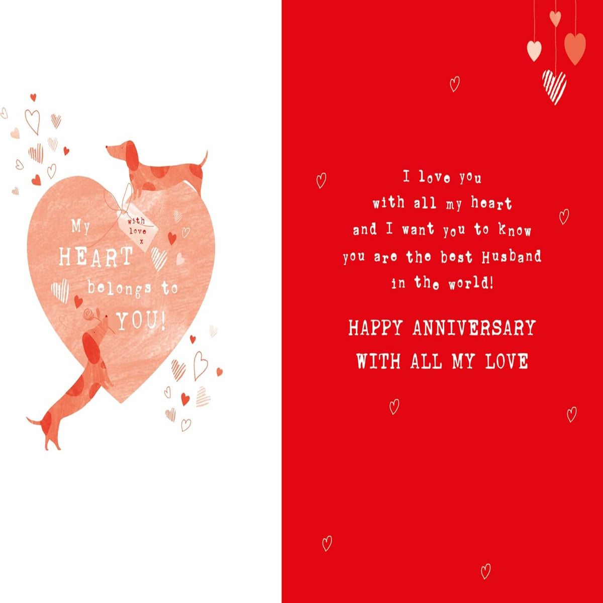 Nigel Quiney Anniversary Card for Husband    –    Cute Dachshund Hearts Design   -   230  x  160mm