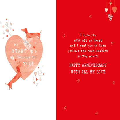 Nigel Quiney Anniversary Card for Husband    –    Cute Dachshund Hearts Design   -   230  x  160mm