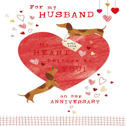 Nigel Quiney Anniversary Card for Husband    –    Cute Dachshund Hearts Design   -   230  x  160mm