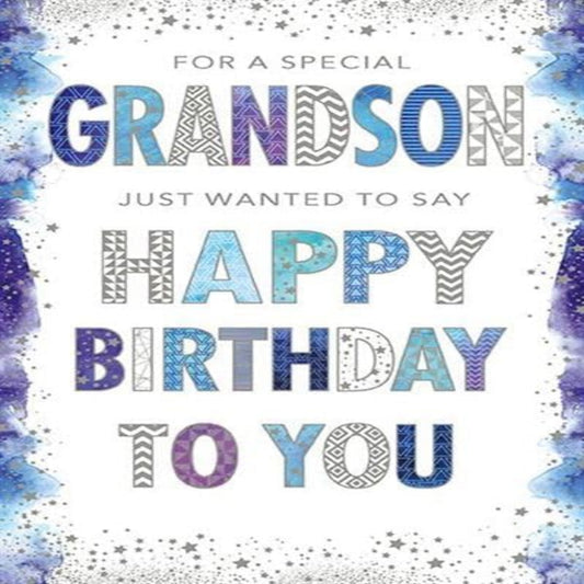 Nigel Quiney Grandson Birthday Card   –   Watercolour Border & Foil Finish  -   230 x 135 mm