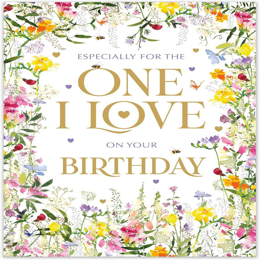 One I Love Birthday Card for Her | Nigel Quiney Floral Card  -  Colourful Flowers & Butterflies  -  260 x 180mm