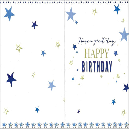 Open Birthday Card Blue & Silver Script Design   - 7.5  x  5.25  inches