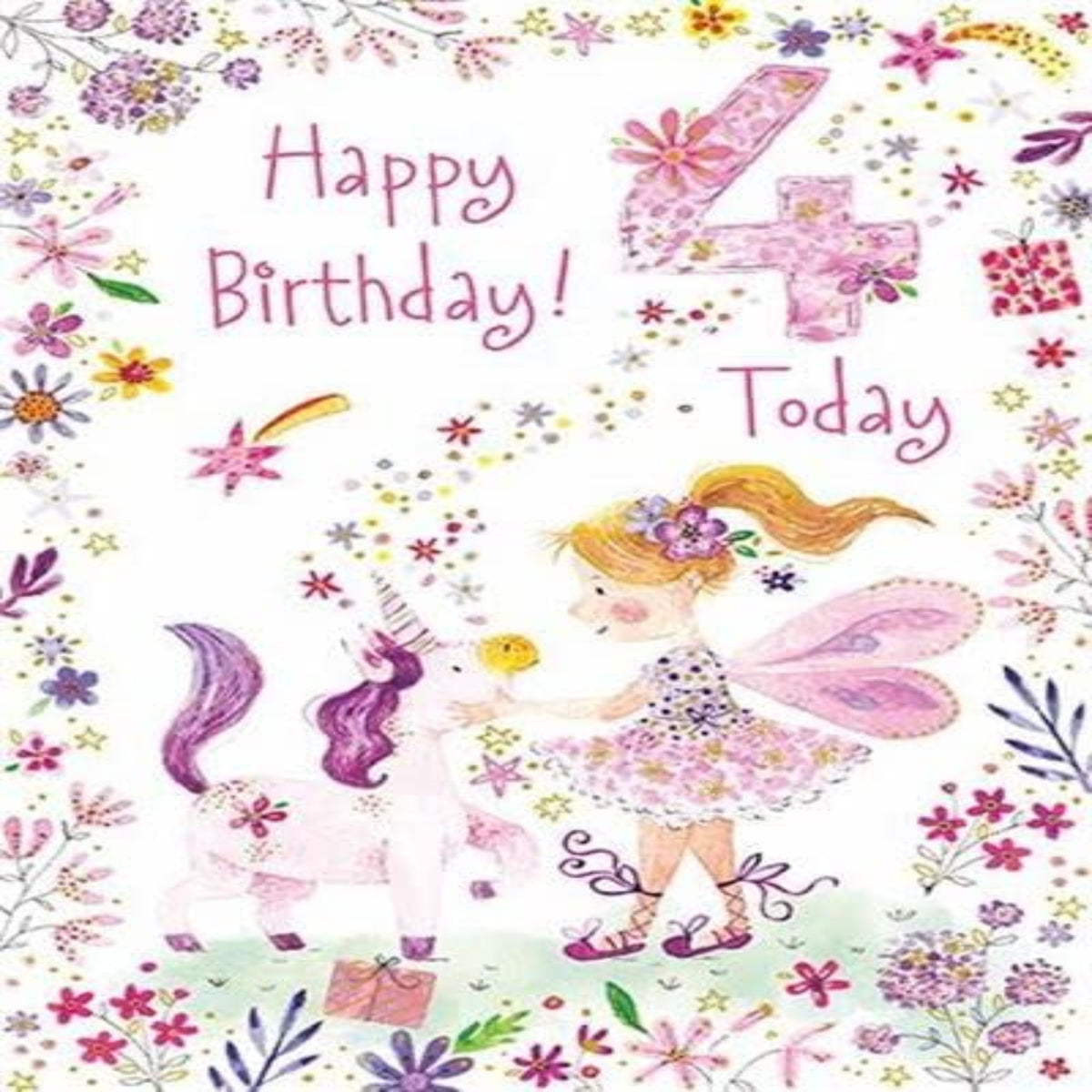 Paper Rose 4th Birthday Card for Girls   –   Fairy Ballerina & Unicorn Birthday Card with Gold Foil   -  190   x  133mm
