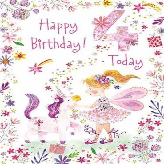 Paper Rose 4th Birthday Card for Girls   –   Fairy Ballerina & Unicorn Birthday Card with Gold Foil   -  190   x  133mm