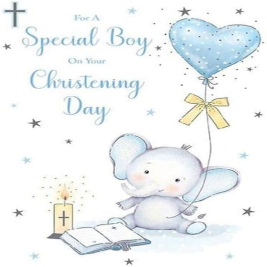 Paper Rose Boys Christening Congratulations Card  –  Elephant & Balloon with Foil   -  210 x 137 mm