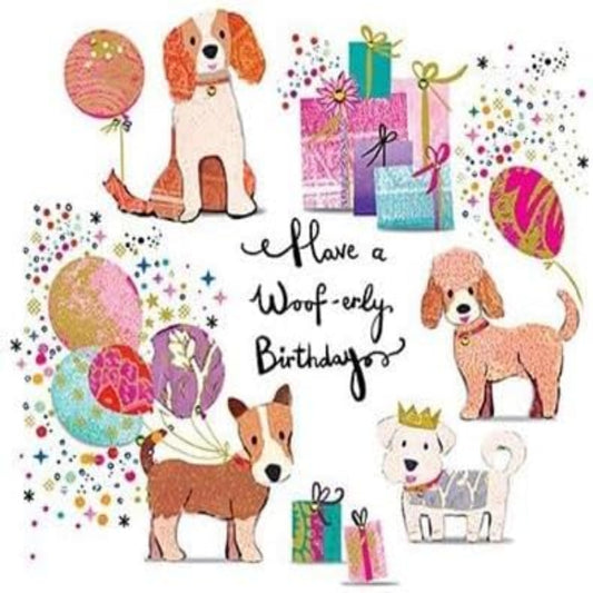 Paper Rose Cute Dog Birthday Card  -  Woof-erly Design  -  Blank Inside