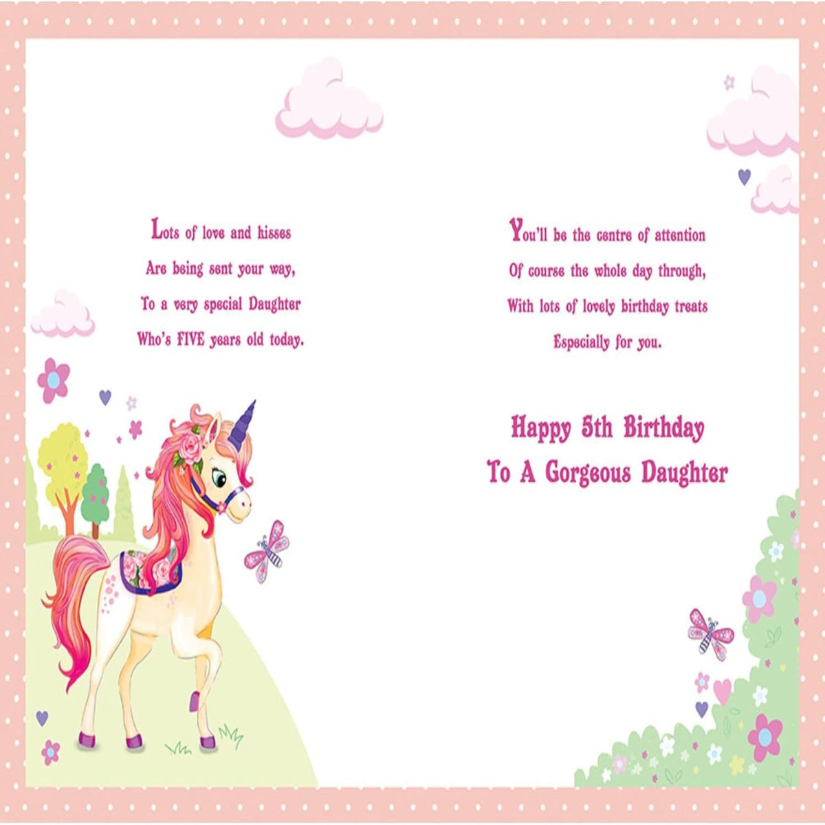 Paper Rose Daughter 5th Birthday Card | Unicorn & Butterfly Age 5 Card with Flitter Finish   -    230  x  160 mm
