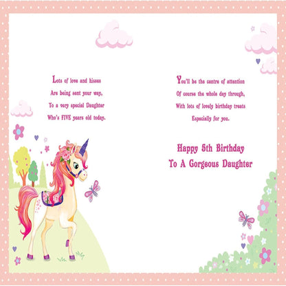 Paper Rose Daughter 5th Birthday Card | Unicorn & Butterfly Age 5 Card with Flitter Finish   -    230  x  160 mm