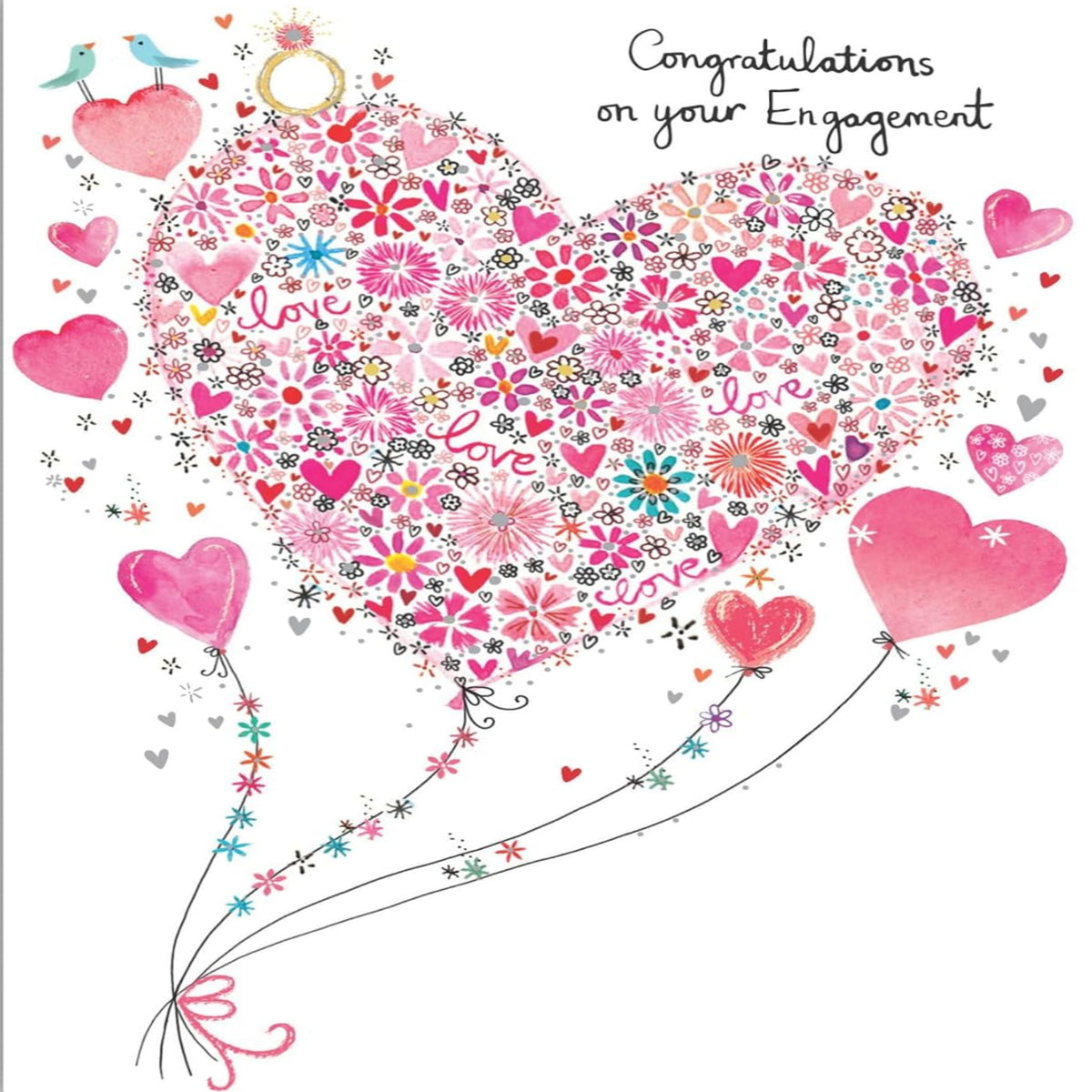 Paper Rose Engagement Congratulations Card with Floral Heart & Silver Foil   -    118   x   170 mm
