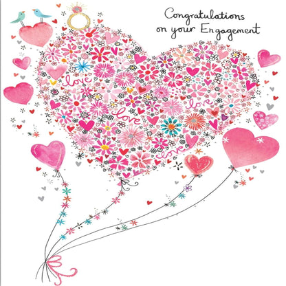 Paper Rose Engagement Congratulations Card with Floral Heart & Silver Foil   -    118   x   170 mm
