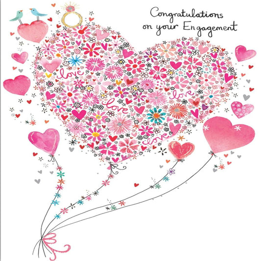 Paper Rose Engagement Congratulations Card with Floral Heart & Silver Foil   -    118   x   170 mm