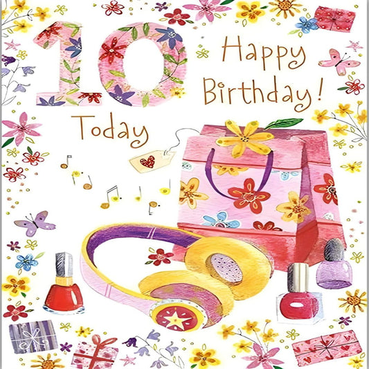 Paper Rose Girls 10th Birthday Card    –   Headphones & Nail Varnish   -   190  x  134mm