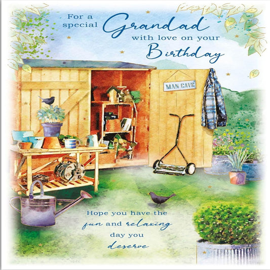 Paper Rose Grandad Birthday Card  –  Garden Shed Foil Finish Greeting Card   -  228 x 152mm