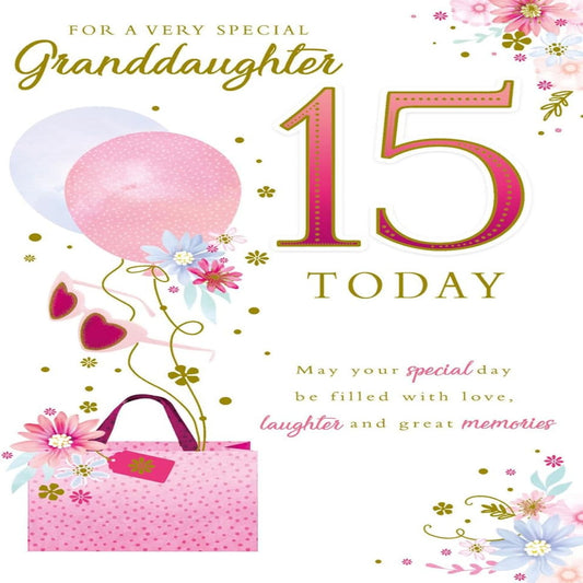 Paper Rose Granddaughter 15th Birthday Card   –    Gift Bag and Balloons Design    -    155   x    230 mm