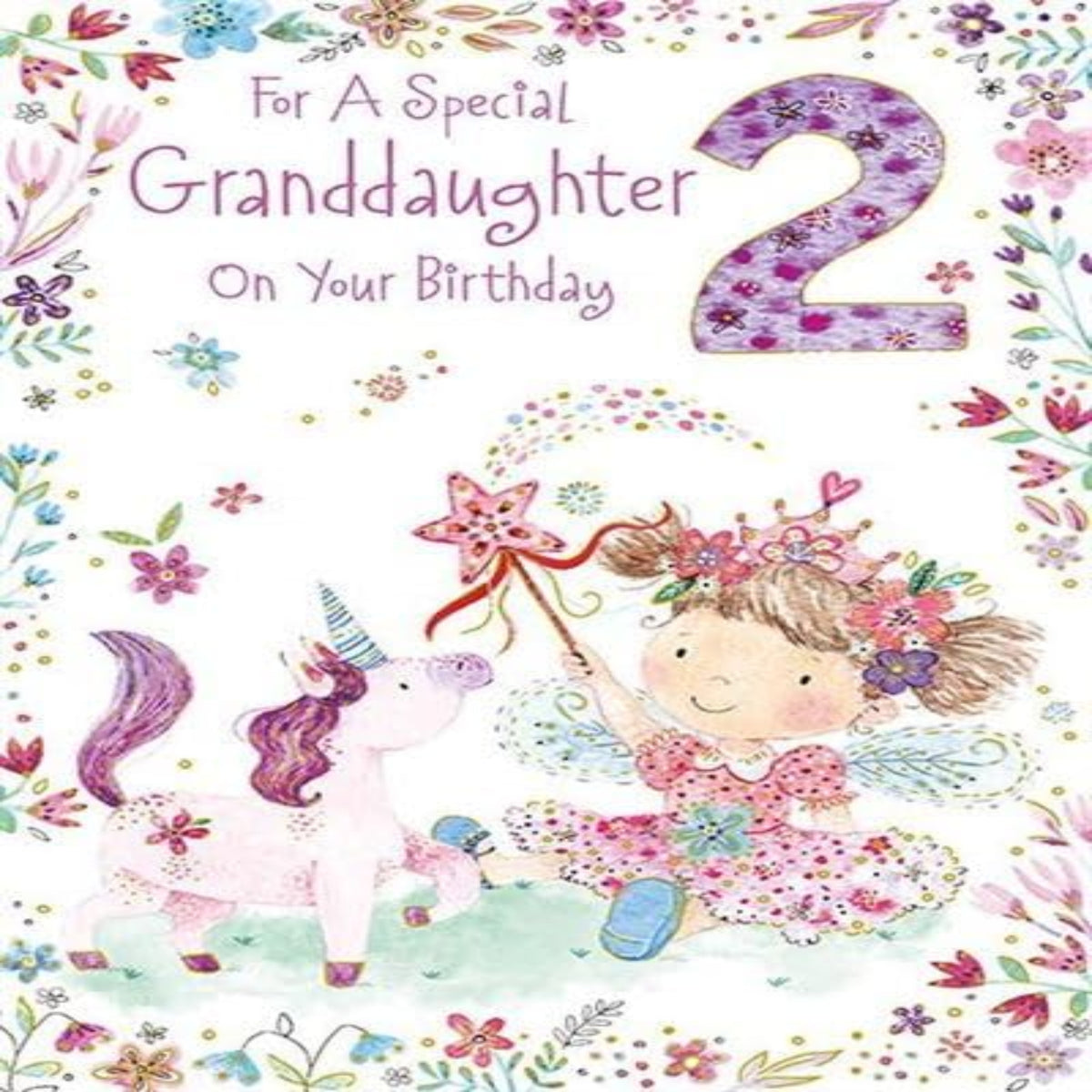Paper Rose Granddaughter 2nd Birthday Card | Fairy & Unicorn Foil Design  -  155  x  230 mm