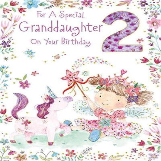Paper Rose Granddaughter 2nd Birthday Card | Fairy & Unicorn Foil Design  -  155  x  230 mm