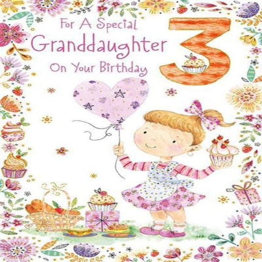 Paper Rose Granddaughter 3rd Birthday Card with Cupcakes   -   155 x 230 mm