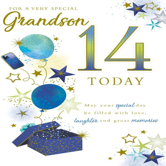 Paper Rose Grandson 14th Birthday Card | Eco-Friendly  Greeting Card    -    Phone & Balloons  with Foil Details    -   155  x  230 mm