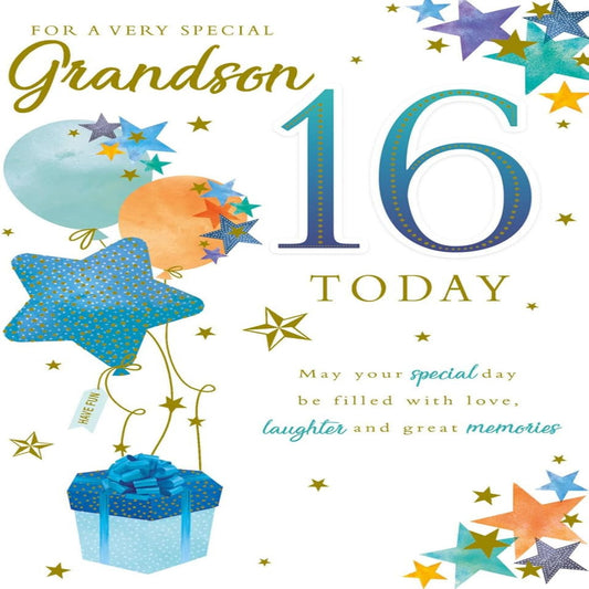 Paper Rose Grandson 16th Birthday Card    –   Balloons & Foil    -  155  x  230 mm