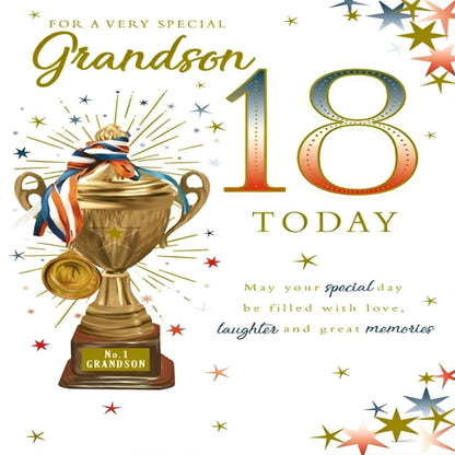 Paper Rose Grandson 18th Birthday Card    –    Premium Milestone Birthday Card with Trophy Design with Envelope     -    153  x   228 mm