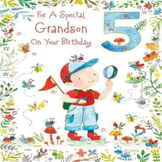 Paper Rose Grandson 5th Birthday Card   –   Nature Explorer Design  -  155  x  230 mm