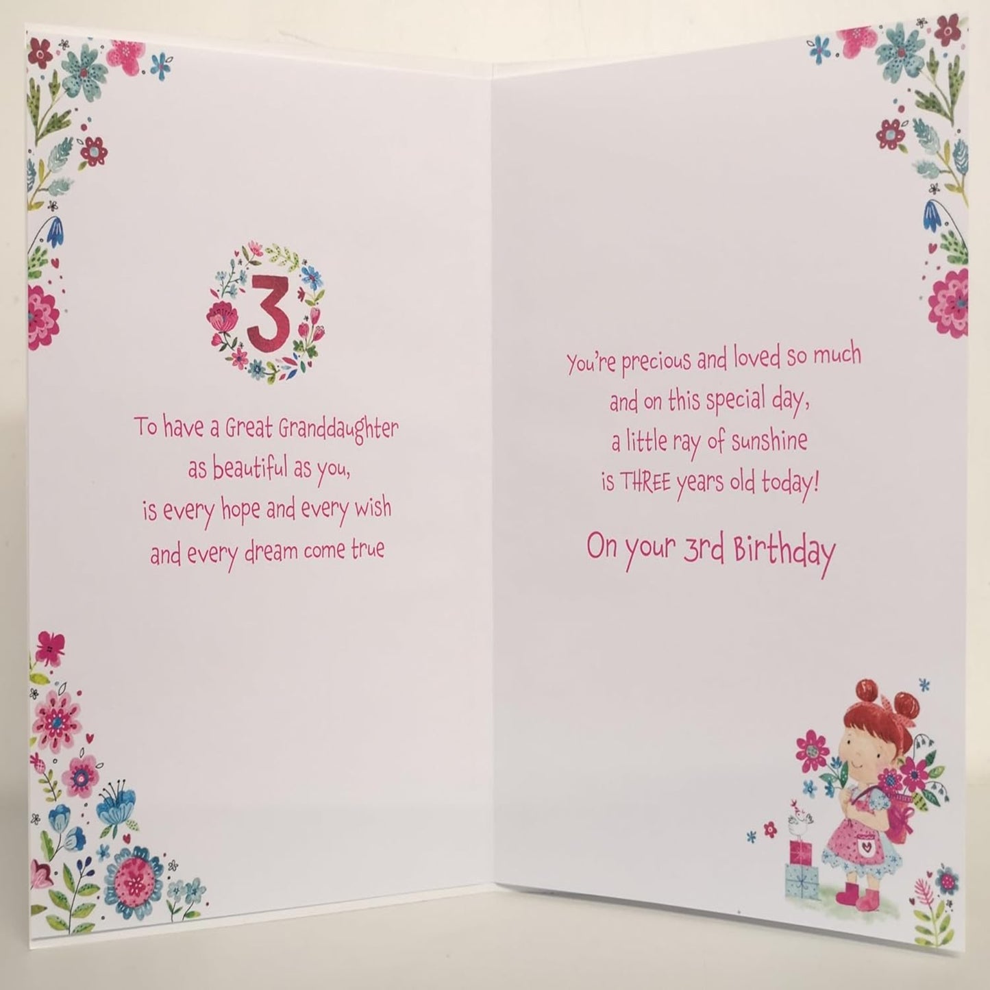 Paper Rose Great Granddaughter 3rd Birthday Card | Age 3 Eco-Friendly Greeting Card     -    Cute Girl in Apron with Birds & Flowers Design with Foil Details    -   151  x  222 mm