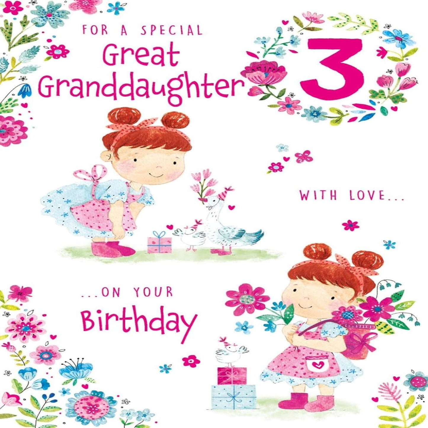 Paper Rose Great Granddaughter 3rd Birthday Card | Age 3 Eco-Friendly Greeting Card     -    Cute Girl in Apron with Birds & Flowers Design with Foil Details    -   151  x  222 mm