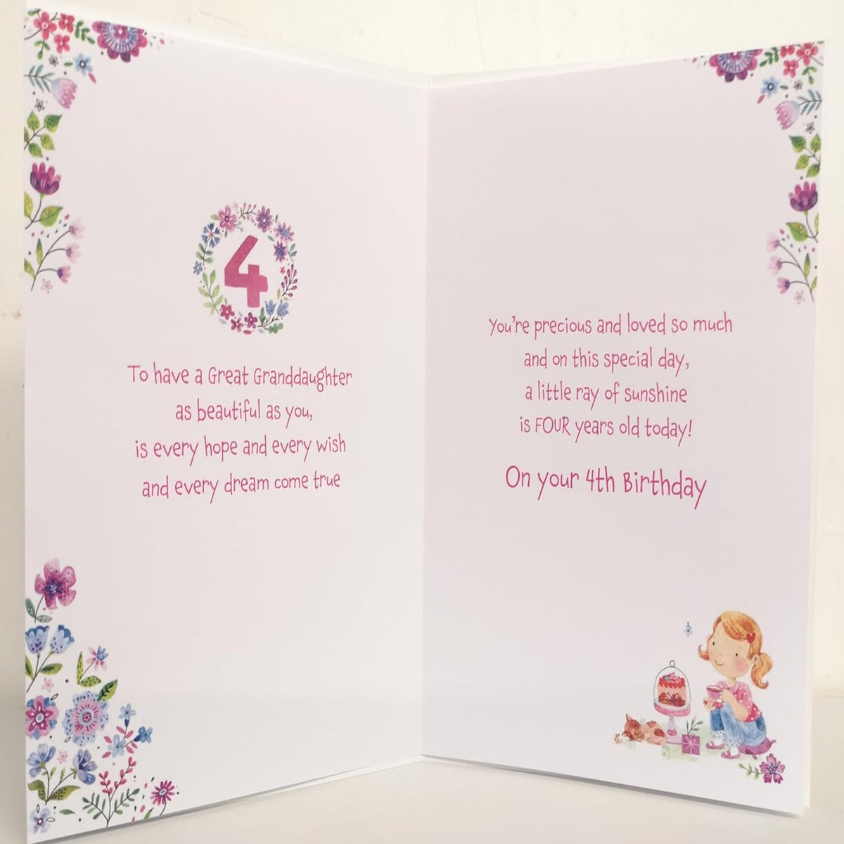 Paper Rose Great Granddaughter 4th Birthday Card  –  Cute Tea Party with Foil Finish   -  151  x  222 mm