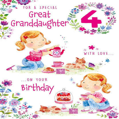 Paper Rose Great Granddaughter 4th Birthday Card  –  Cute Tea Party with Foil Finish   -  151  x  222 mm