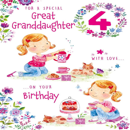 Paper Rose Great Granddaughter 4th Birthday Card – Cute Tea Party Girl Age 4 Card with Foil Finish   -  151  x  222 mm