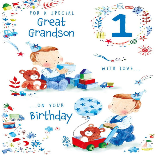 Paper Rose Great Grandson 1st Birthday Card | Age 1 Birthday Card with Foil    -   151  x   222 mm