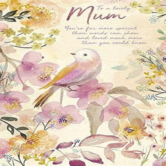 Paper Rose  -  Happy Birthday Mum Card   –   Bird & Flowers Foil Design  -  138  x  213mm