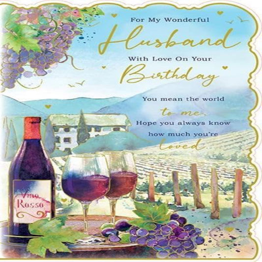 Paper Rose Husband Birthday Card | You Mean the World to Me Wine Design   -   Red Wine at the Vineyard with Foil Details   -   250  x  165 mm