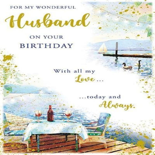 Paper Rose Husband Birthday Card – Red Wine Harbour Scene with Foil Details  -  230 x 153 mm