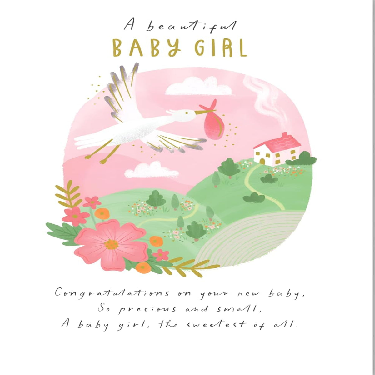 Paper Rose New Baby Girl Congratulations Card     –     Stork Design with Foil Finish     -    170  x  120mm