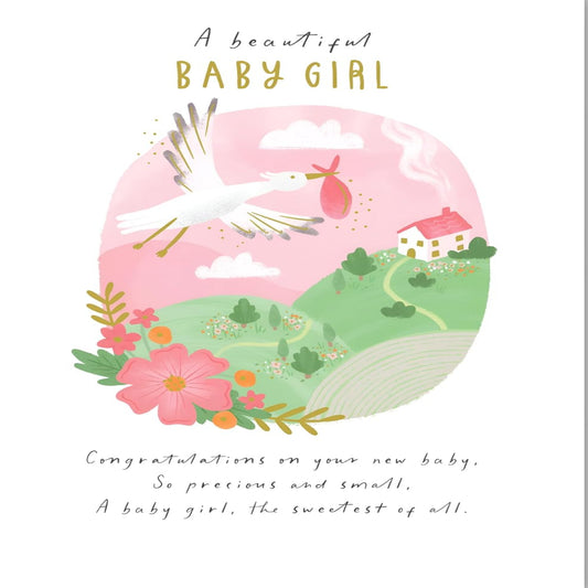 Paper Rose New Baby Girl Congratulations Card     –     Stork Design with Foil Finish     -    170  x  120mm