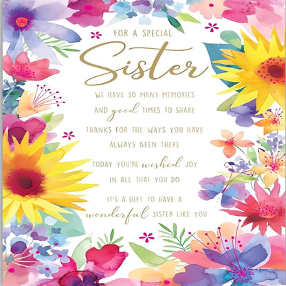 Paper Rose Sister Birthday Card |   Floral Birthday Greeting Card     -      Vibrant Floral Design with Sentimental Verse    -    248  x  165mm
