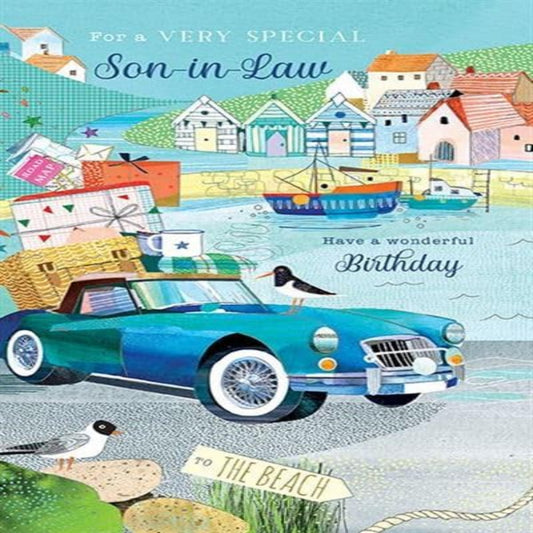 Paper Rose Son-in-Law Birthday Card   –   Classic Car Harbour Design with Foil  -   138  x  213 mm