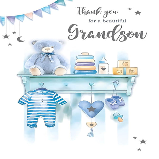 Paper Rose Thank You for a Beautiful Baby Grandson Card   –   Foil Finish   -  228  x  153mm