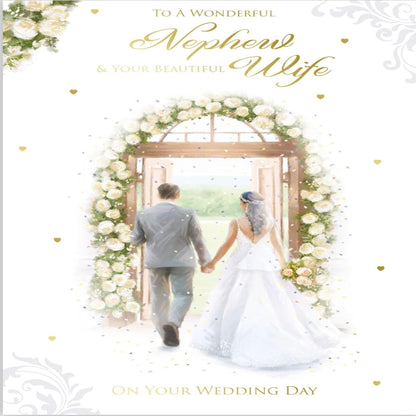 Paper Rose Wedding Day Card for Nephew & Wife | Elegant Foil Congratulations Card    -   228  x  153mm