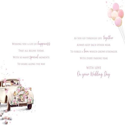 Paper Rose Wedding Day Card for Special Niece & Husband | Vintage Car with Balloons and Floral Design   -   228   x   153mm