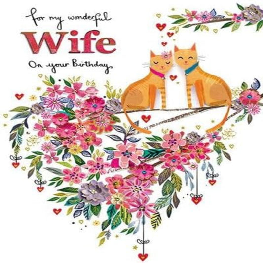 Paper Rose Wonderful Wife Birthday Card – Cute Cat Couple Floral Foil Card  -  170  x  120mm