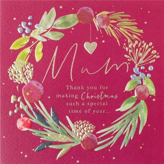 Paperlink Christmas Card for Mum with Floral Wreath & Gold Foil