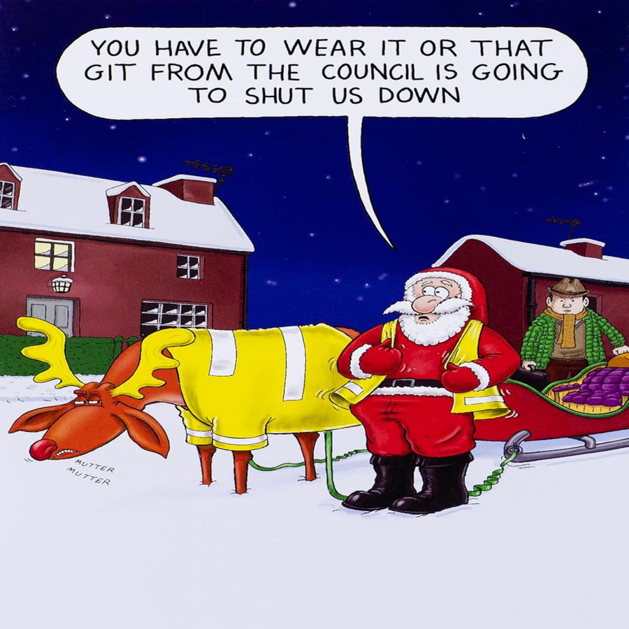 Paperlink Funny Christmas Card | Eco-Friendly Humour Xmas Card for Men & Women  -  Rudolph and Santa in Fluorescent Jackets   -  177  x  127mm
