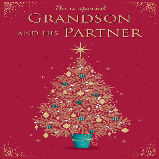 Piccadilly Greetings Christmas Card for Grandson & Partner | Foil Tree Design    -    9 X 6 inches